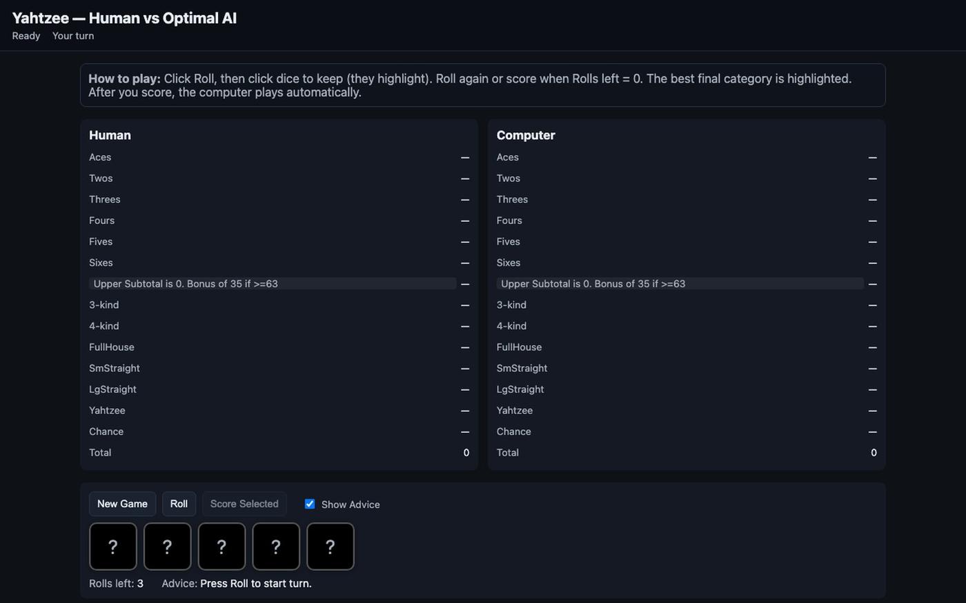 Yahtzee — Human vs Optimal AI — screenshot