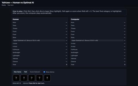 Yahtzee — Human vs Optimal AI — screenshot