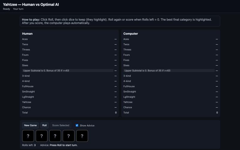 Yahtzee — Human vs Optimal AI — screenshot