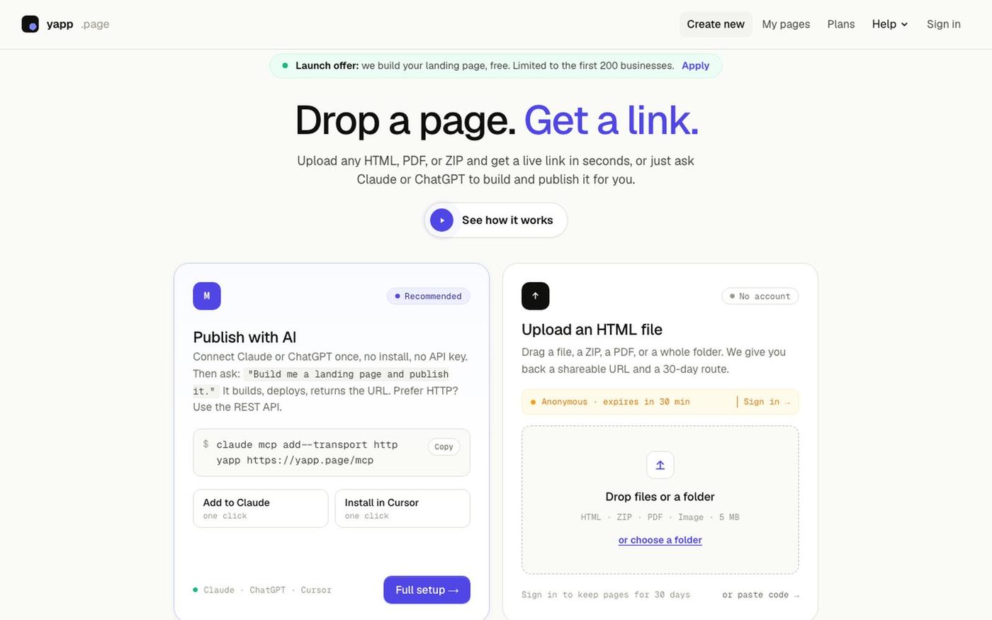 Yapp: Publish a landing page or host any HTML, PDF or image, free — screenshot