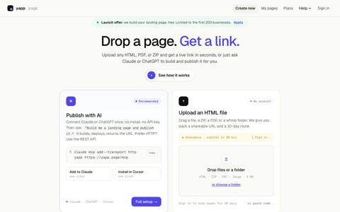 Yapp: Publish a landing page or host any HTML, PDF or image, free — screenshot