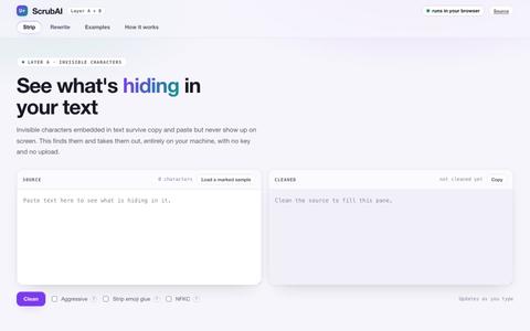 ScrubAI: strip AI watermarks from text — screenshot