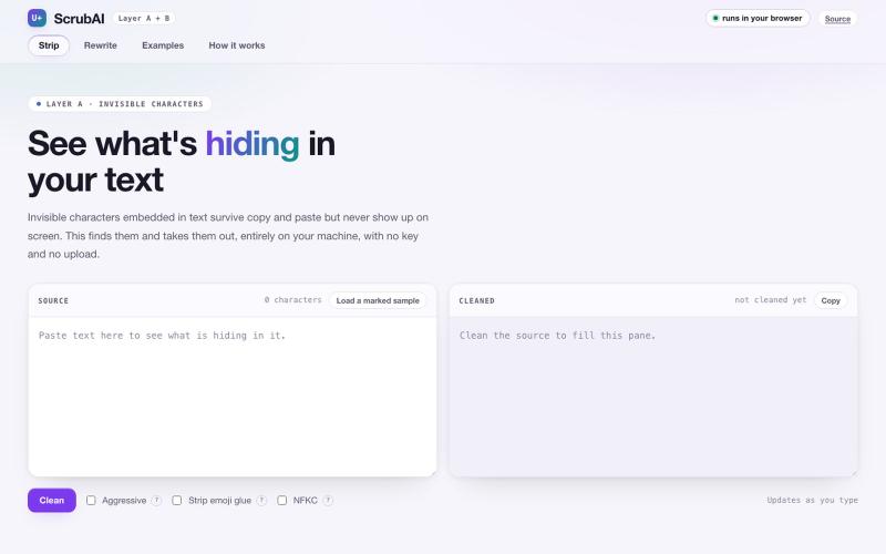 ScrubAI: strip AI watermarks from text — screenshot