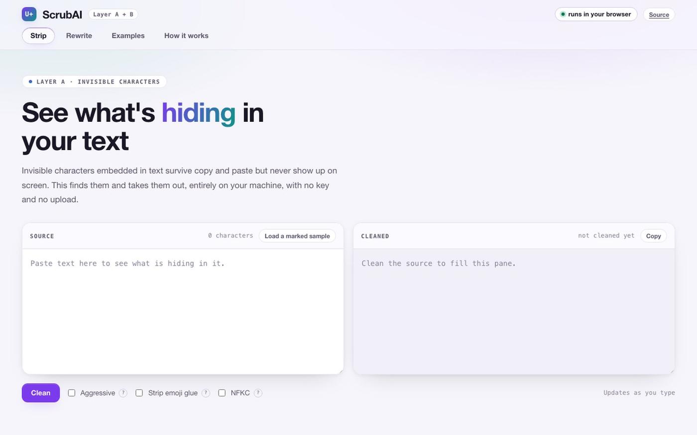 ScrubAI: strip AI watermarks from text — screenshot