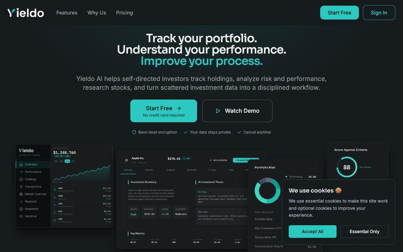 Yieldo AI | AI Stock Research & Portfolio Analytics in One Platform — screenshot