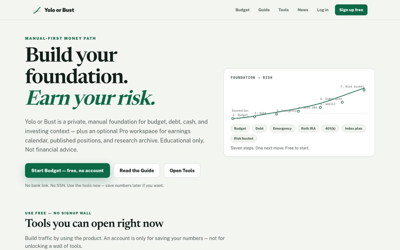 Build your foundation. Earn your risk. | Yolo or Bust — screenshot