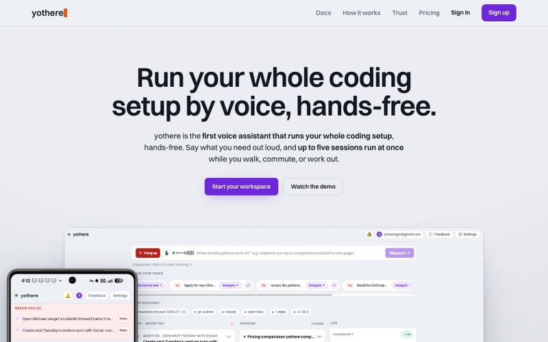 yothere · Run your whole coding setup by voice, hands-free — screenshot