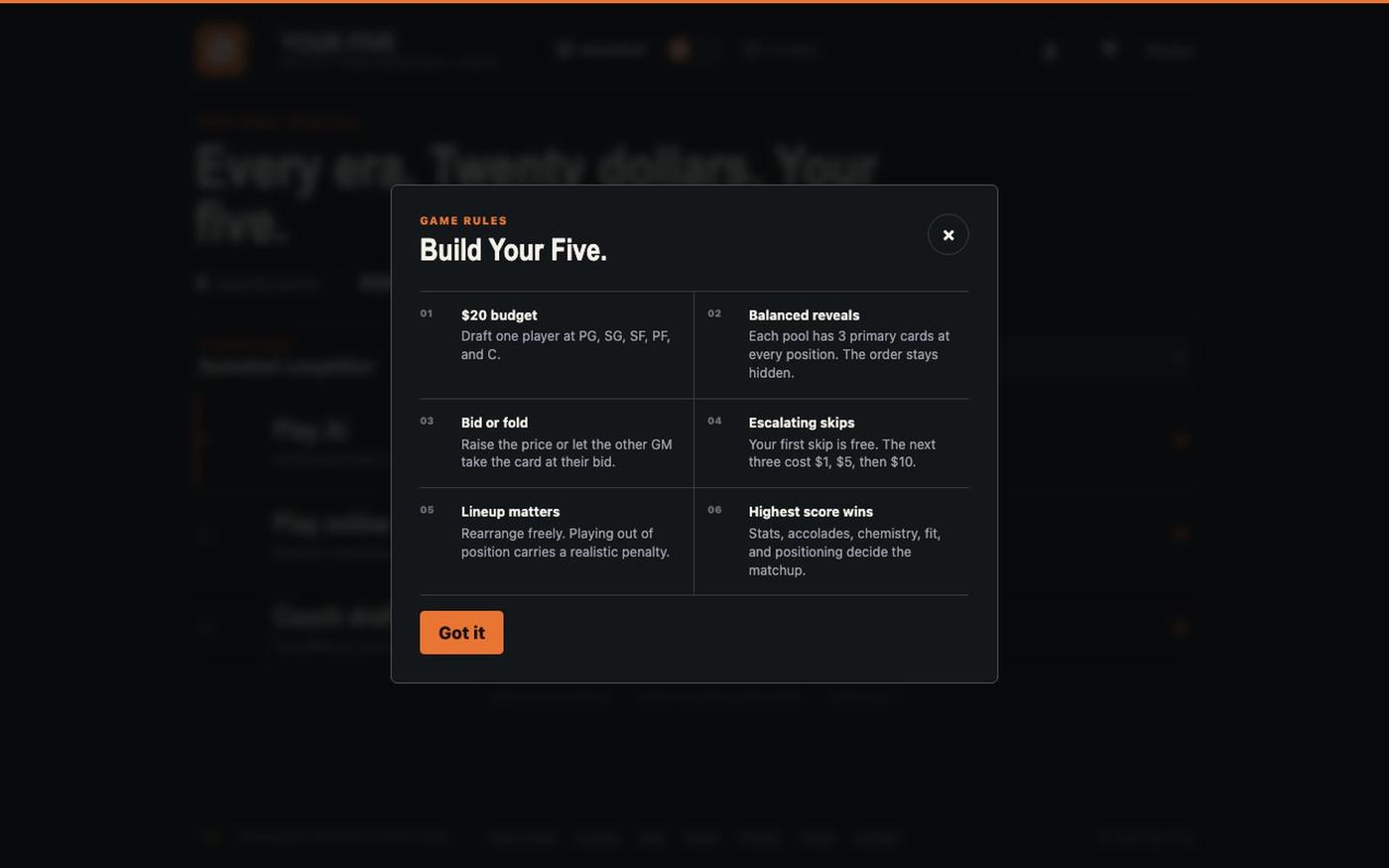 Your Five | Basketball and Football Draft Game — screenshot
