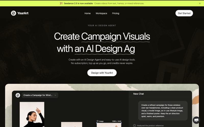 AI Design Agent for Images, Video & Canvas | YourArt — screenshot