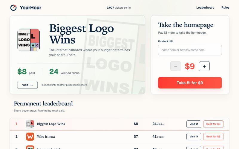 YourHour — One Product Owns the Homepage — screenshot