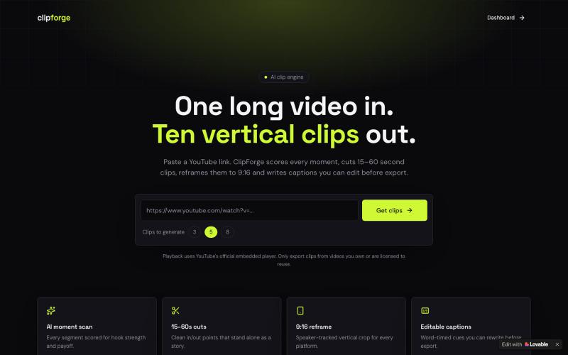 ClipForge — AI clips from any YouTube video — screenshot