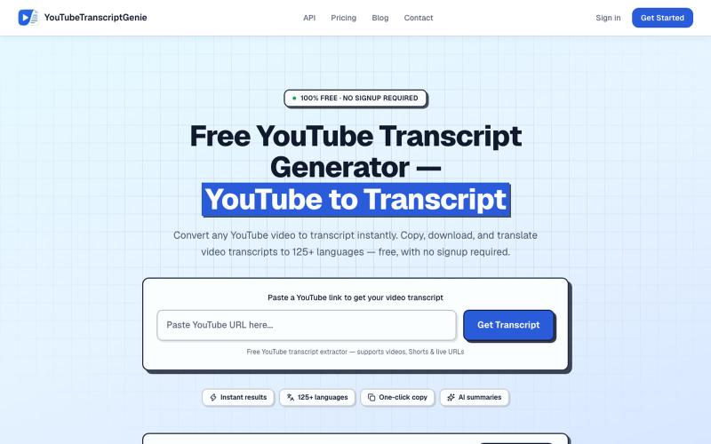Free YouTube Transcript Generator — YouTube to Transcript | YouTubeTranscriptGen — screenshot