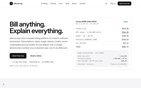 yRecurring: subscription and usage billing for B2B SaaS and AI products — screenshot