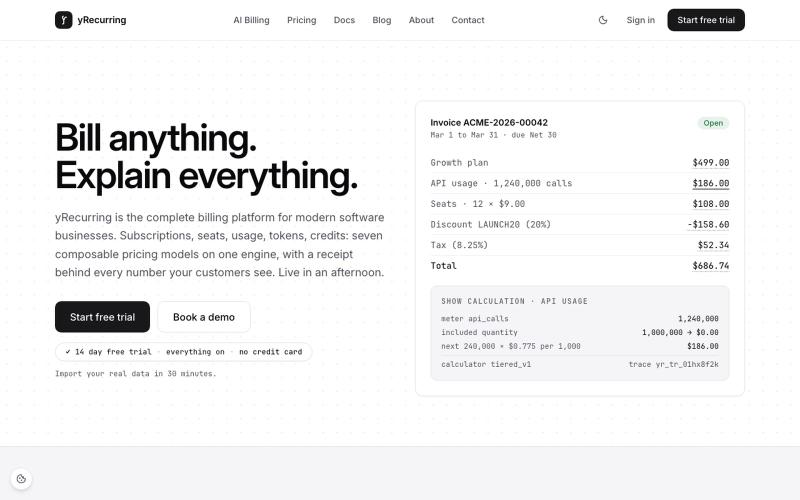 yRecurring: subscription and usage billing for B2B SaaS and AI products — screenshot