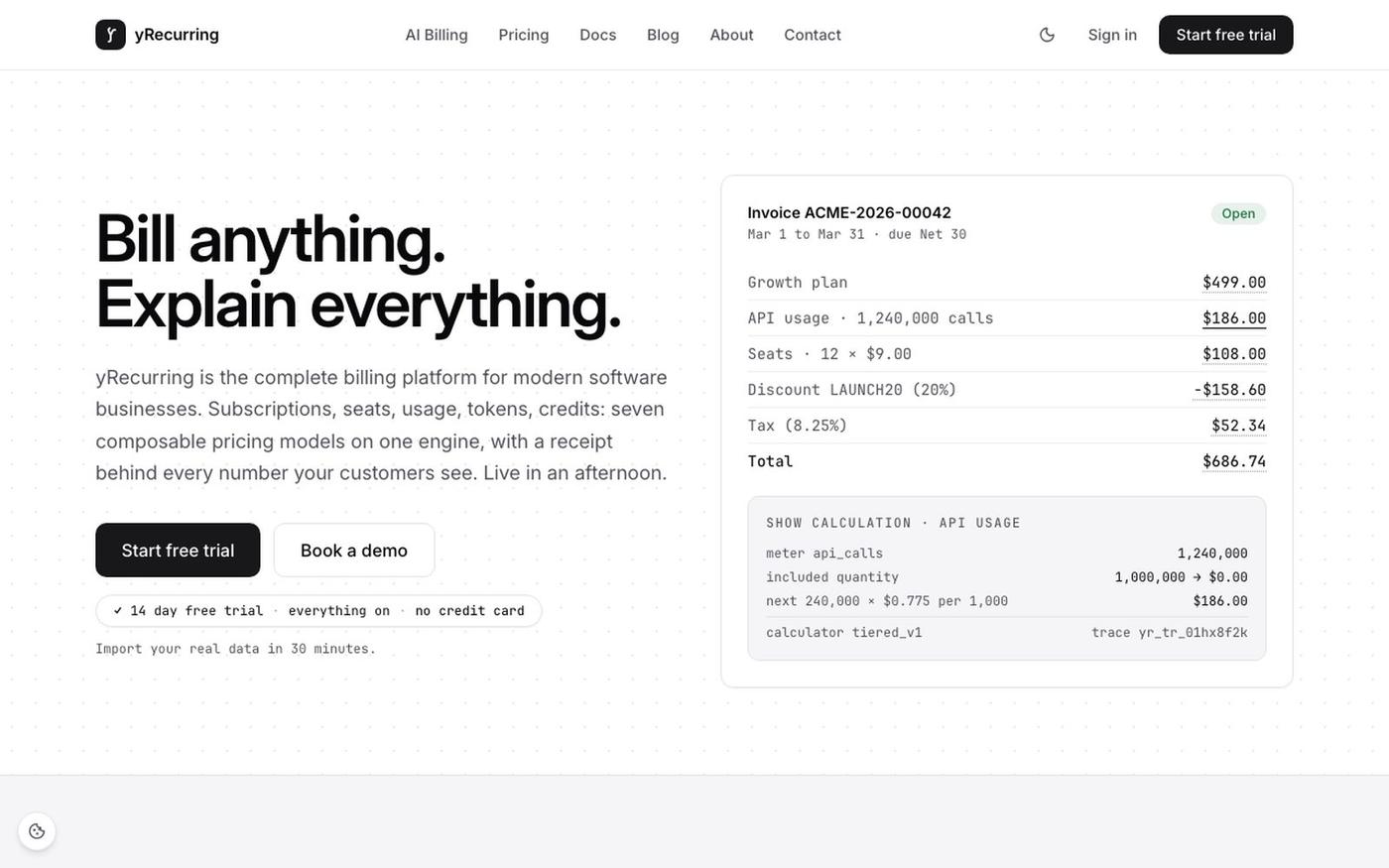 yRecurring: subscription and usage billing for B2B SaaS and AI products — screenshot