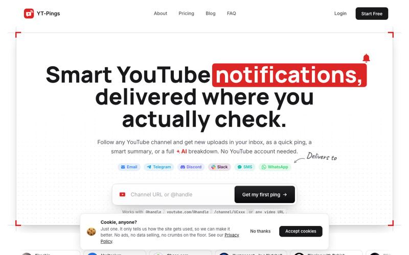 YT-Pings · Subscribe to YouTube on your terms — screenshot