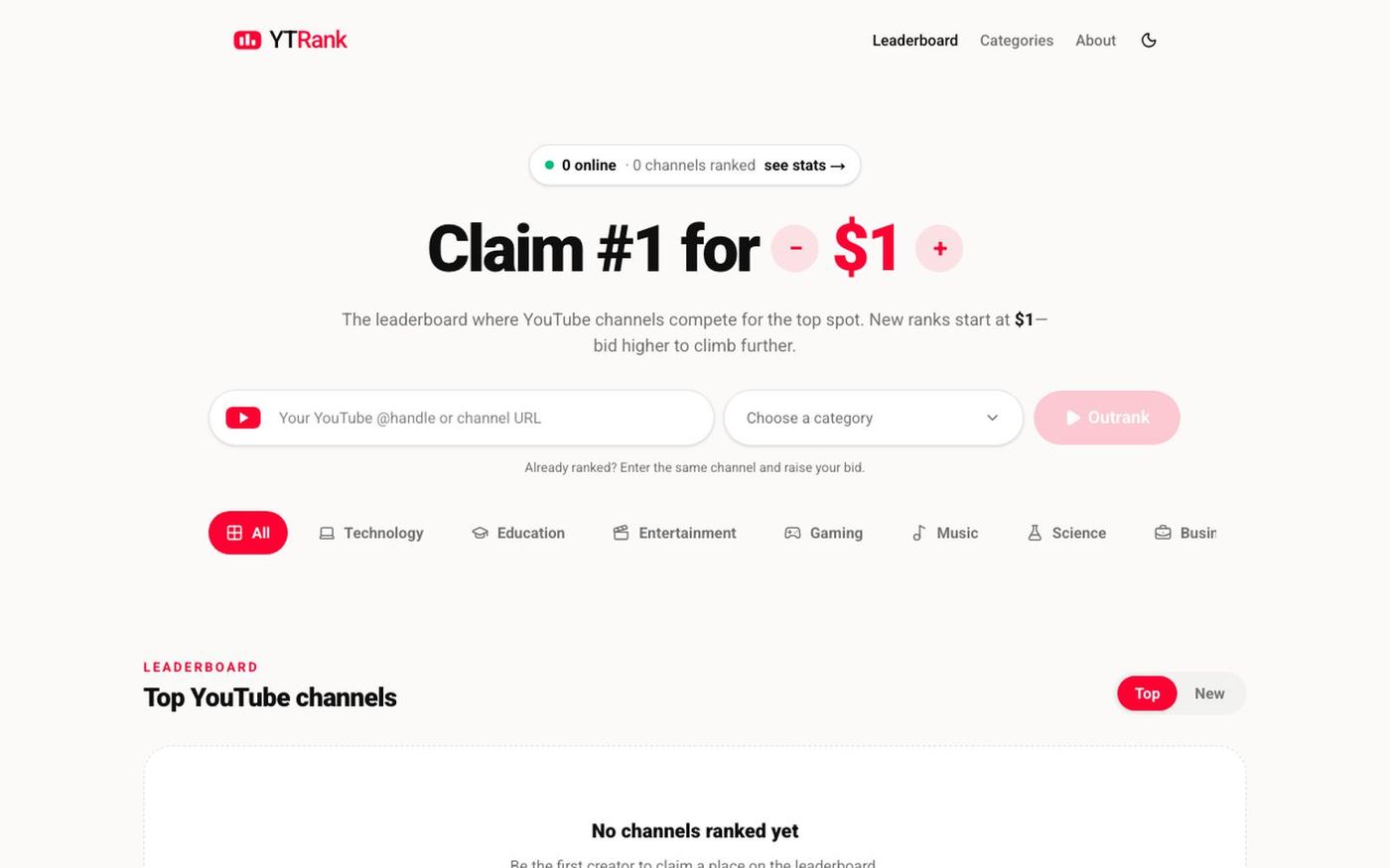 Top YouTube Channels Ranked by Bid — screenshot