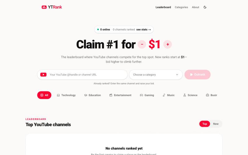 Top YouTube Channels Ranked by Bid — screenshot