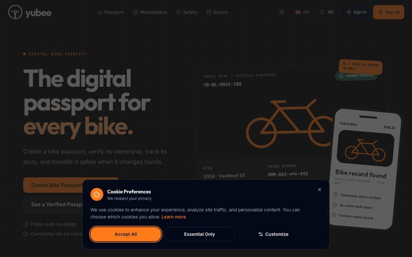 Yubee Bike | Digital Bike Passport & Verified Marketplace — screenshot