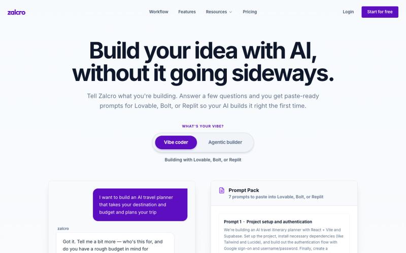 Zalcro — AI planning tool for Lovable, Bolt, and Replit — screenshot