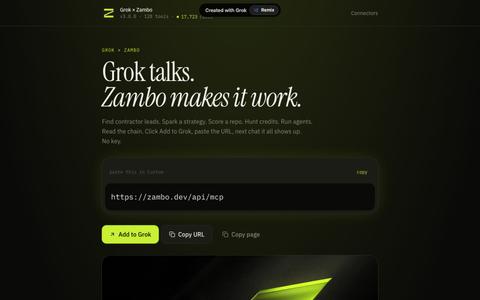 Grok × Zambo — 128 live tools, one URL — screenshot