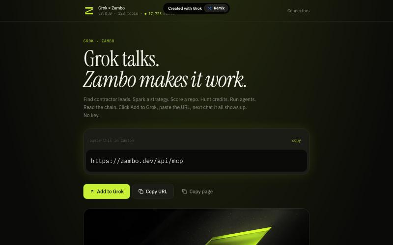 Grok × Zambo — 128 live tools, one URL — screenshot