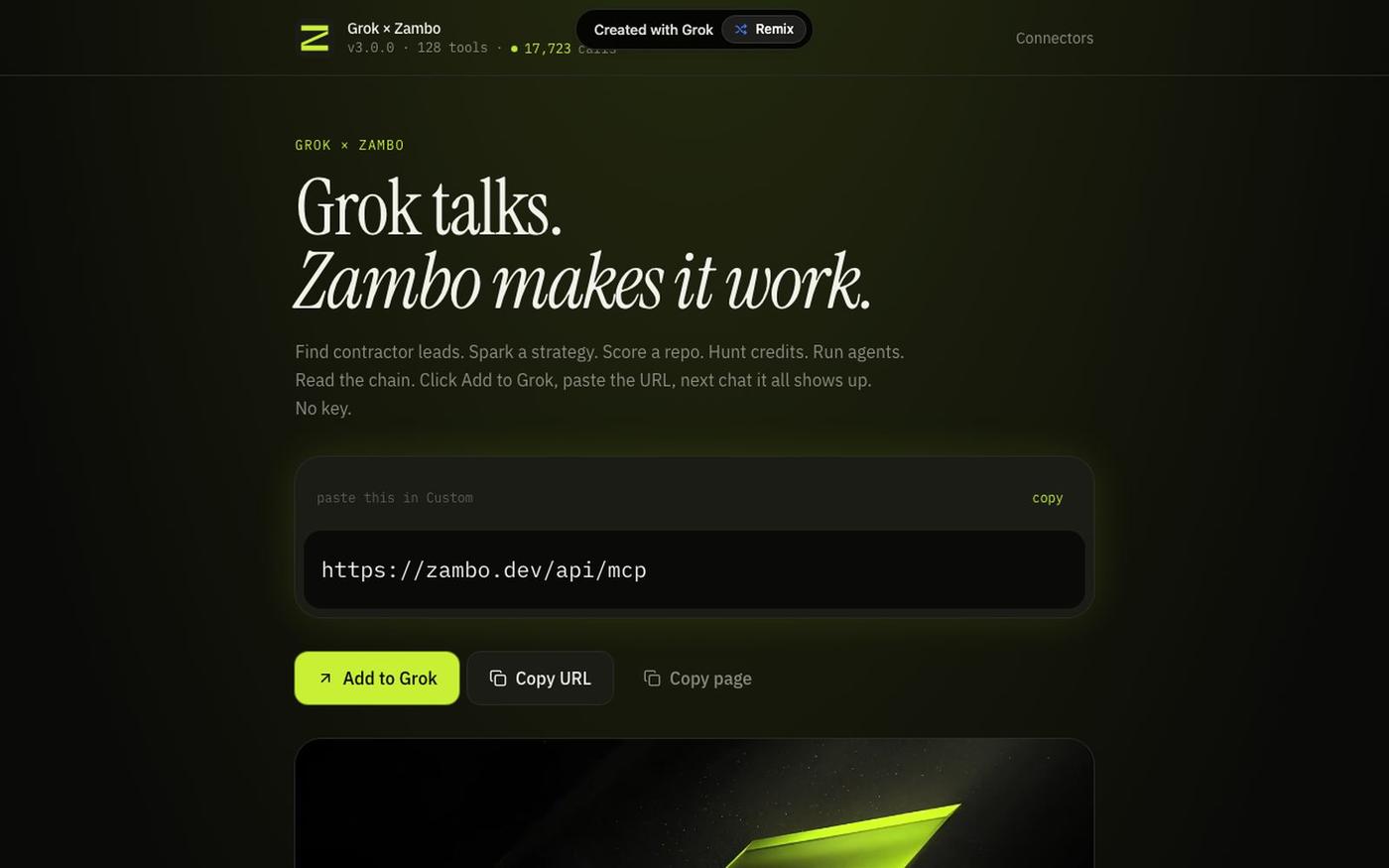 Grok × Zambo — 128 live tools, one URL — screenshot