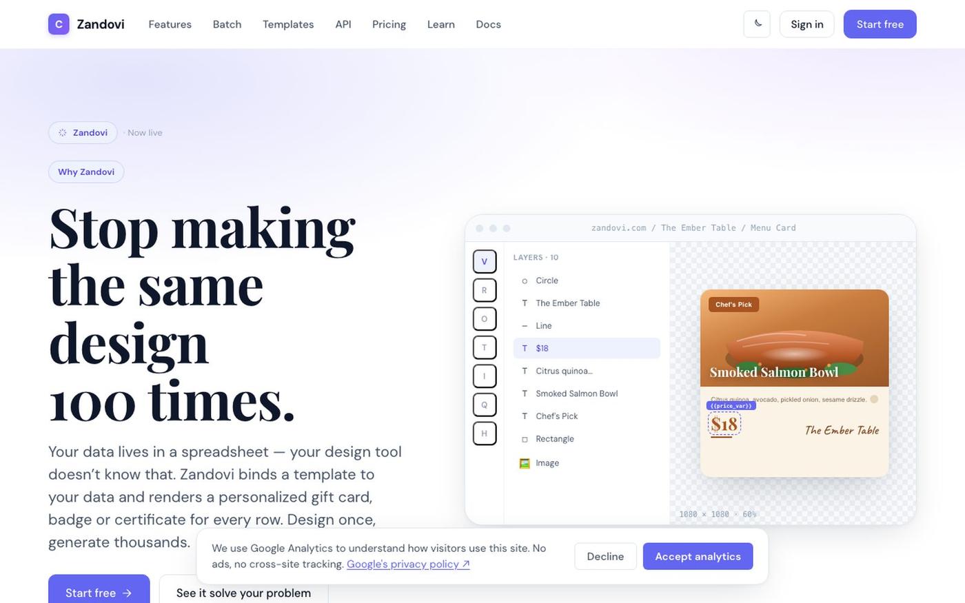 Zandovi — Design once. Generate thousands. Template-based design with variables, — screenshot