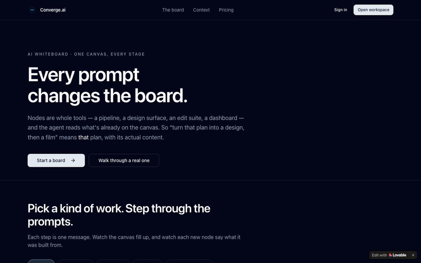 Converge.ai — one board, every stage of the work — screenshot
