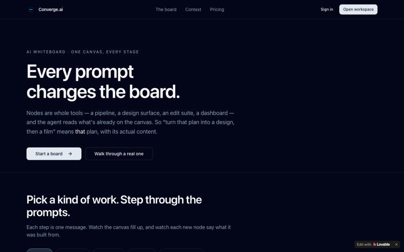 Converge.ai — one board, every stage of the work — screenshot