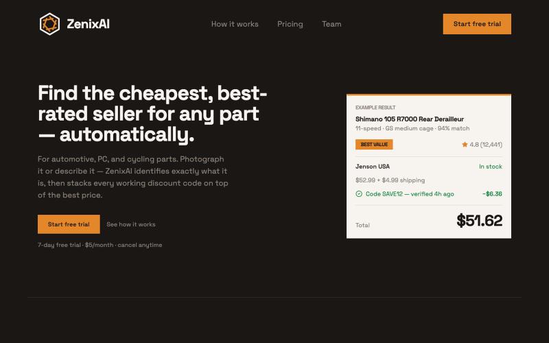 ZenixAI — Find the cheapest, best-rated seller for any part — screenshot