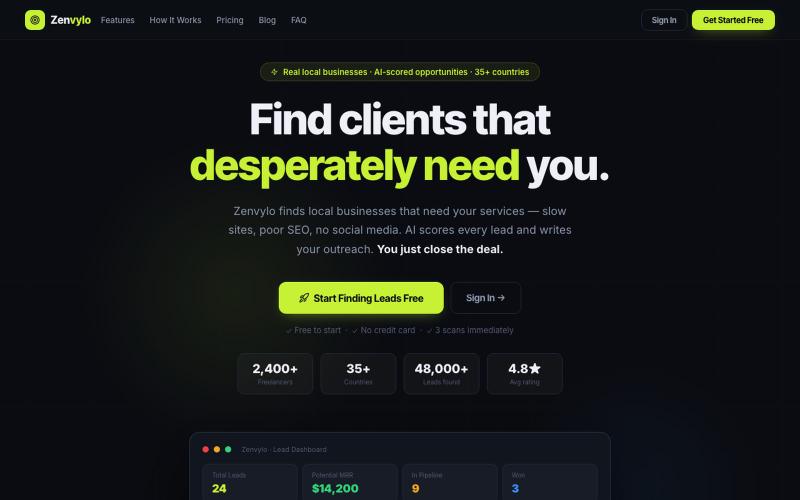 Zenvylo — AI Lead Scanner for Freelancers & Agencies — screenshot
