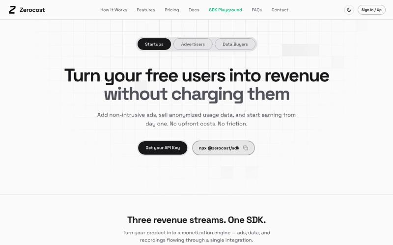 App Monetization Platform for AI Apps and SaaS | Zerocost — screenshot