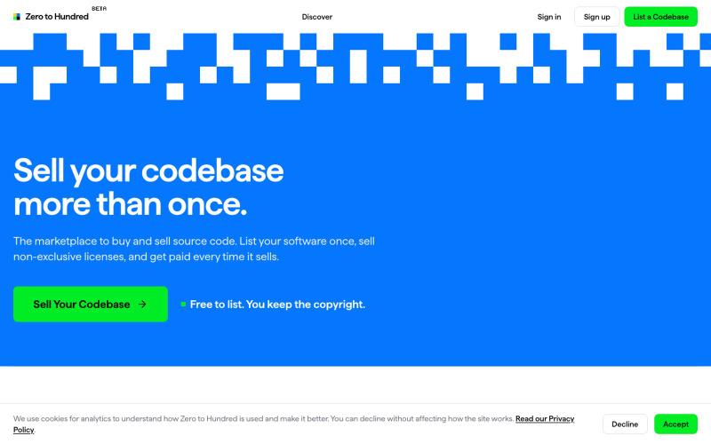 The Marketplace to Buy and Sell Source Code | Zero to Hundred — screenshot