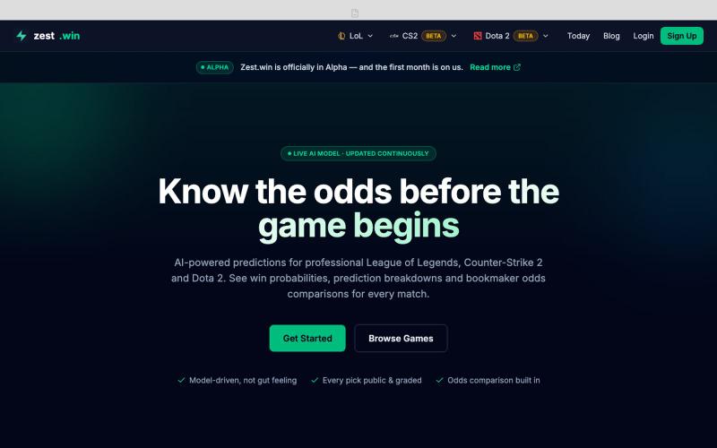 zest.win — AI Esports Match Predictions — screenshot