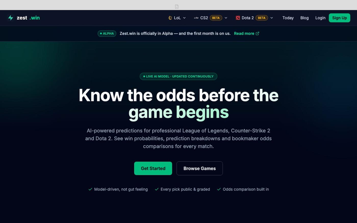 zest.win — AI Esports Match Predictions — screenshot