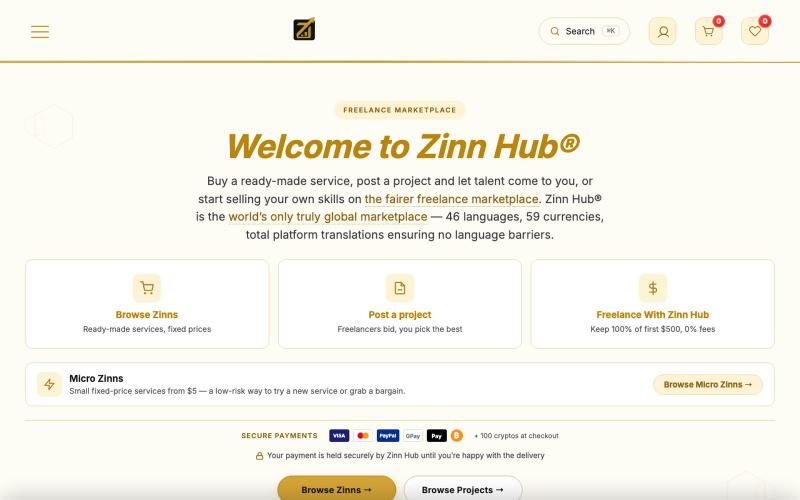 Zinn Hub | Freelance Digital Services Marketplace | Low Fees, Instant Payouts — screenshot