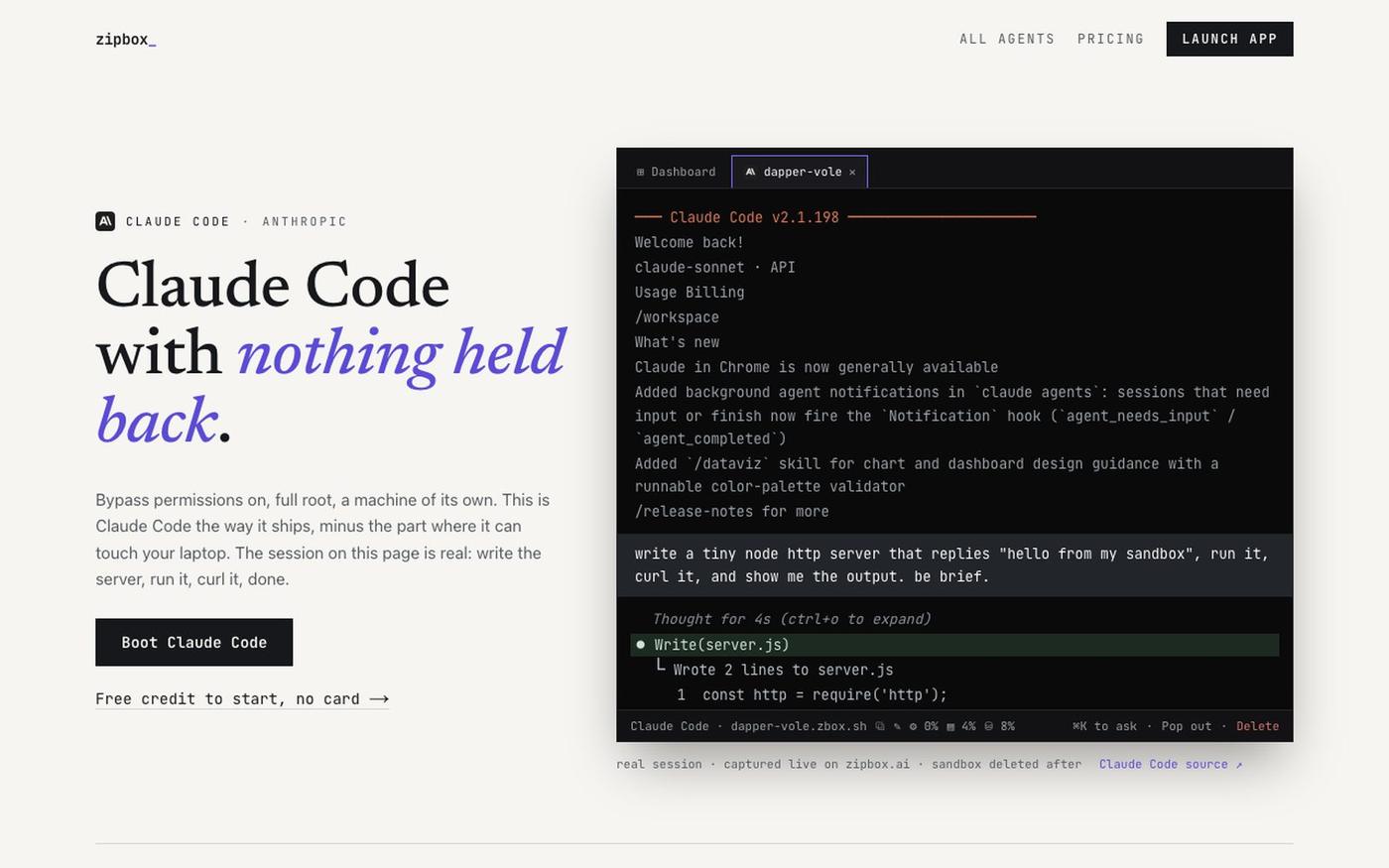 Set up Claude Code in the cloud, live in seconds · zipbox — screenshot