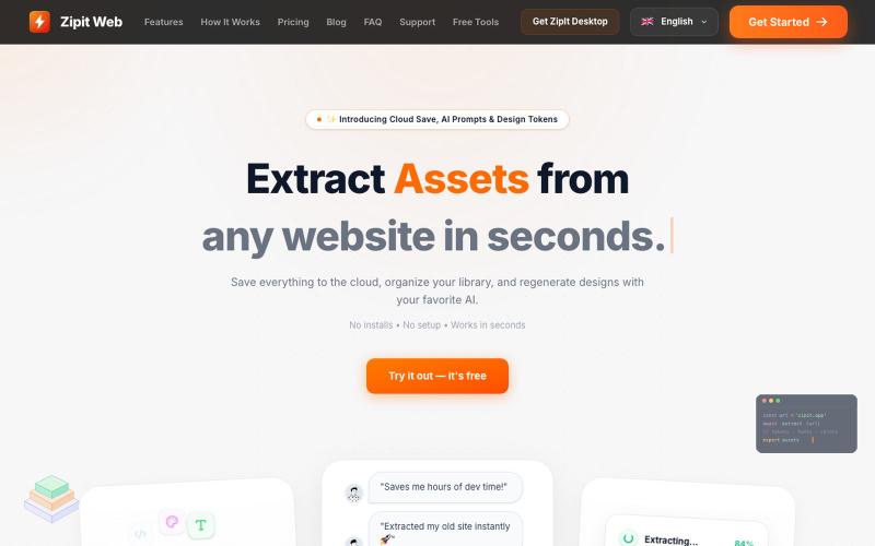 Zipit Web — Turn any website into production‑ready assets. — screenshot