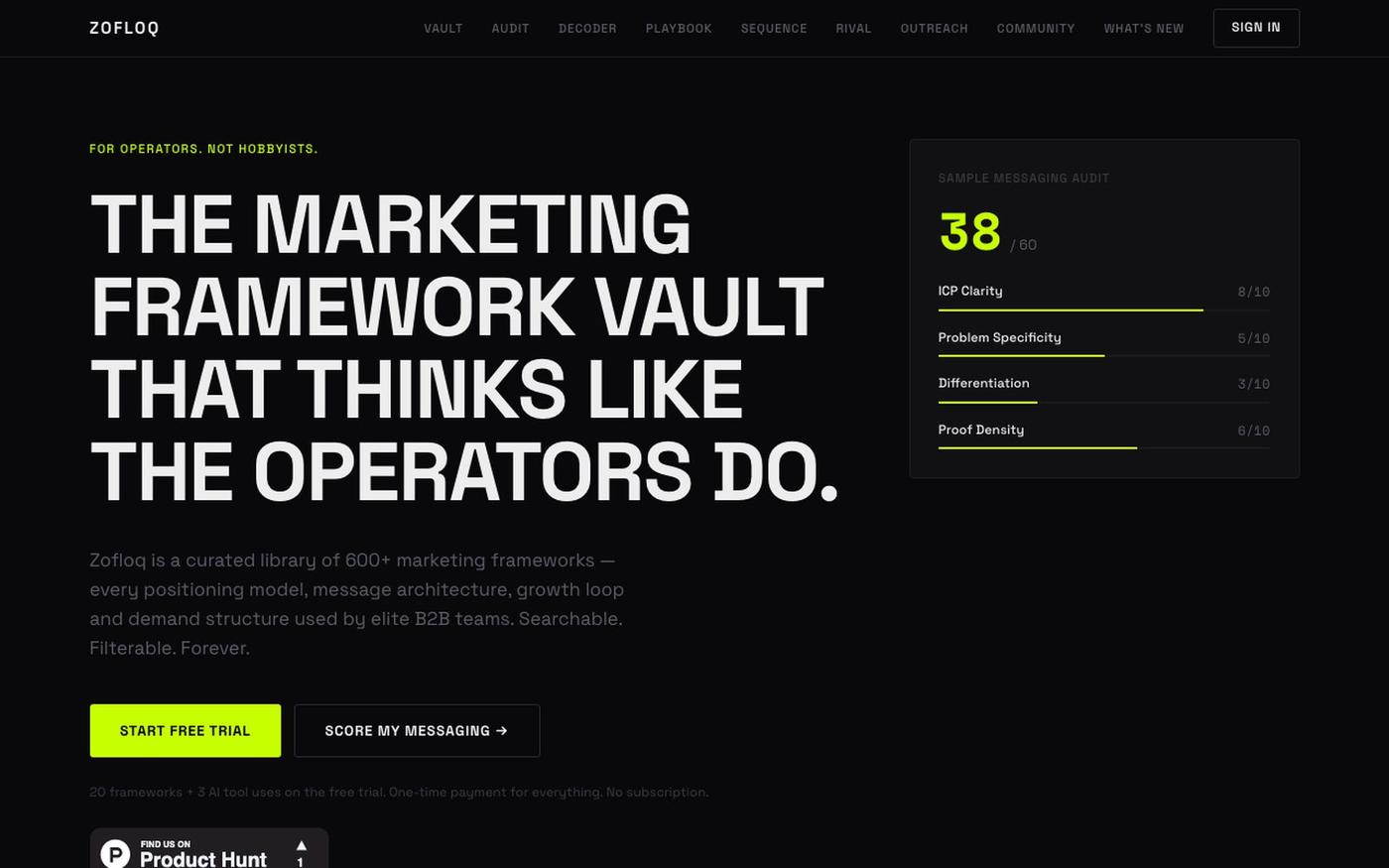 600+ B2B Marketing Frameworks — The Operator Vault | Zofloq — screenshot