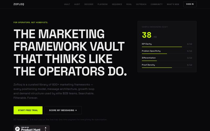 600+ B2B Marketing Frameworks — The Operator Vault | Zofloq — screenshot