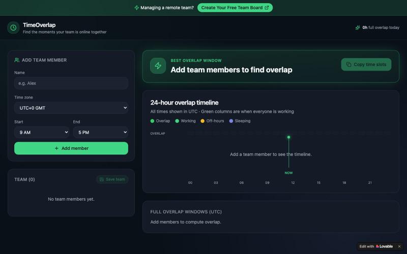 TimeOverlap — Find team working hour overlaps — screenshot
