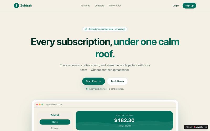 Zubtrah — Smart Subscription Management — screenshot
